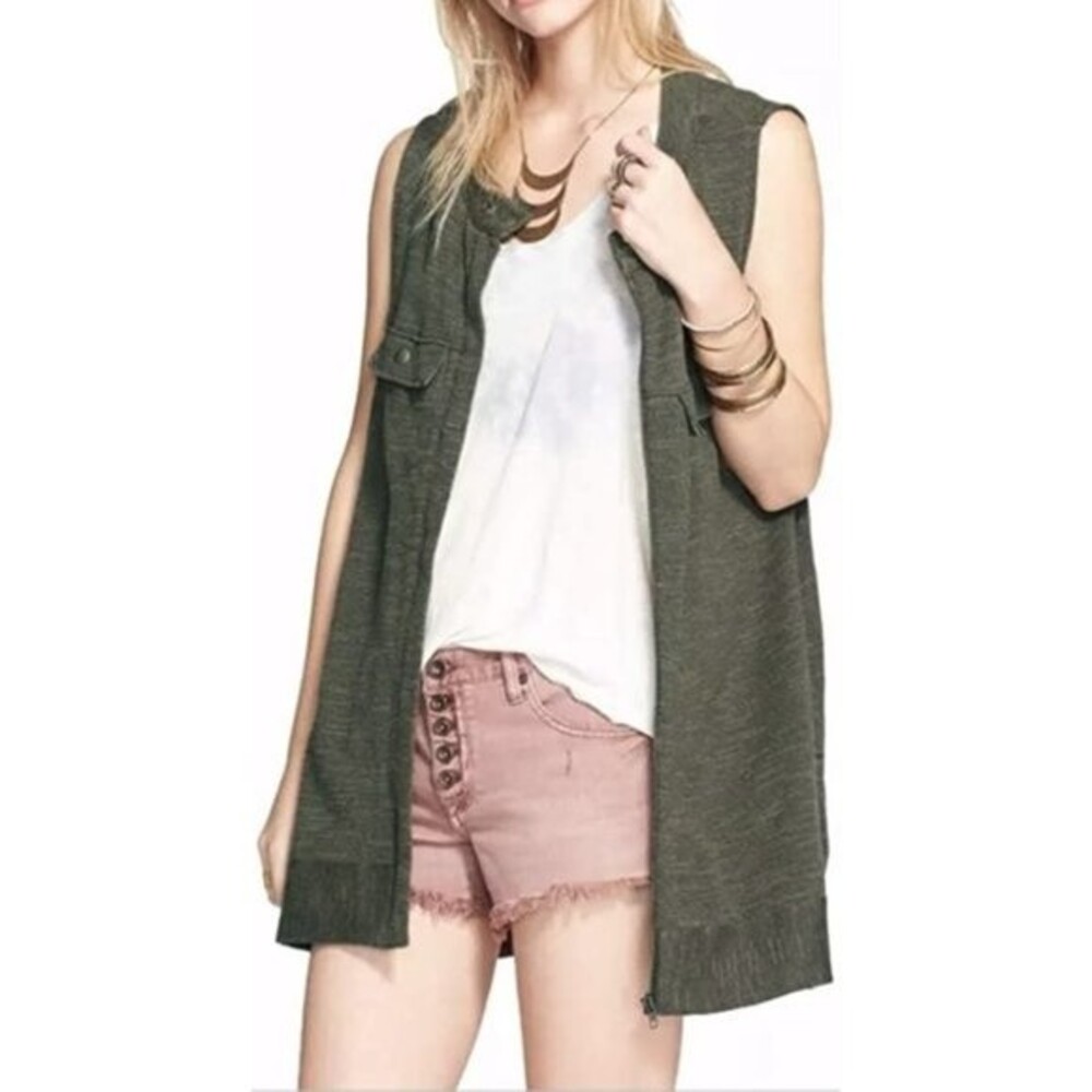 Free People Highway Zip Front Knit Vest Dark Olive Green Size Small Utility